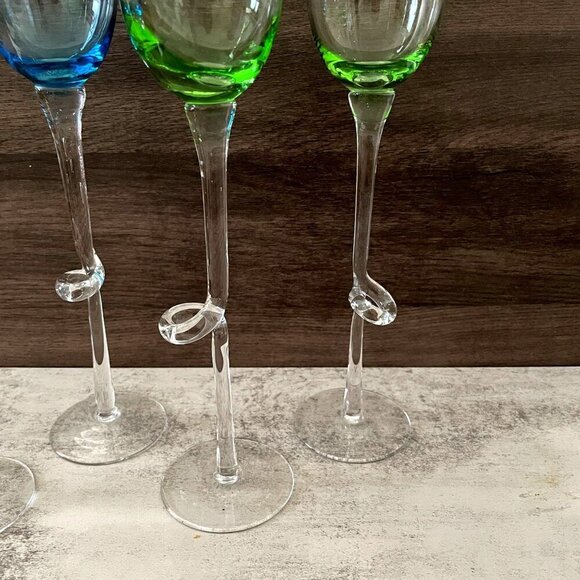Hand Blown Studio Art Glass Four Twisted Stem Champagne Glasses Blue Green 12.5 - Picture 3 of 4